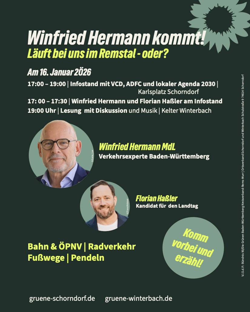 Veranstaltungsplakat der Grünen Schorndorf: Porträts von Verkehrsminister Winfried Hermann und Landtagskandidat Florian Haßler. Ankündigung für den 16. Januar 2026: Infostand von 17:00 bis 19:00 Uhr auf dem Karlsplatz Schorndorf mit VCD und ADFC sowie Lesung mit Diskussion um 19:00 Uhr in der Kelter Winterbach. Titel: 'Mobilität wird im Land entschieden - und vor Ort umgesetzt'.
